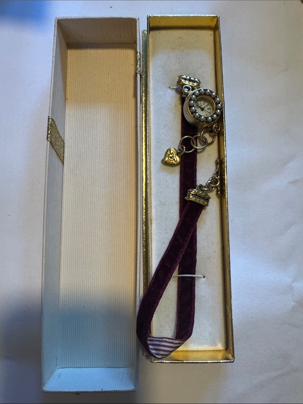 John Wind vintage Velvet Strap Charm Watch in Burgundy with Gold-Tone Accents